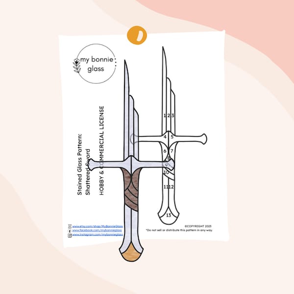 PATTERN • Shattered Sword Stained Glass Pattern, printable glasswork pattern, digital download