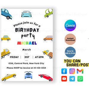 Cars Birthday Invitation | Digital Evite | Editable in Canva Printable Download | Kids invite for boys
