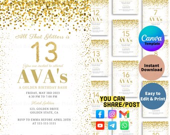 Gold Glitter Birthday Invitation: Editable Canva Template (Digital Download)