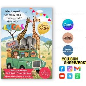 Safari Animal Invitation | Editable Birthday Invitation for Boys | Party Animal Birthday Party Invite, Zoo Animal birthday, Editable