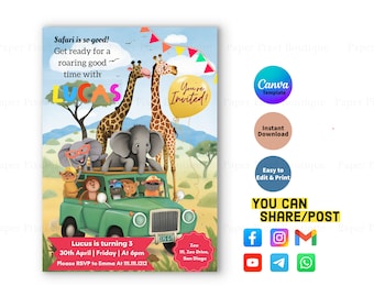 Safari Animal Birthday Invitation: Editable Zoo Party Invite (Digital Download)