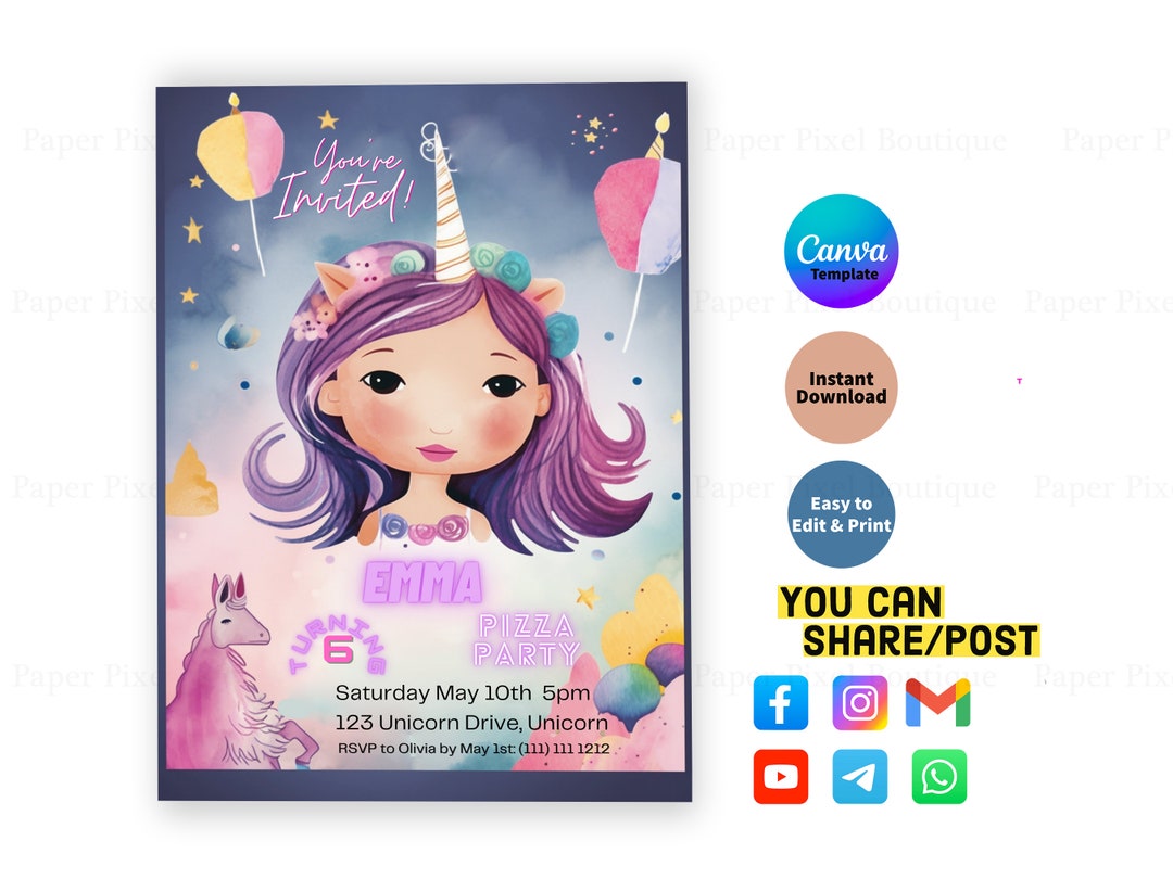 Magical Unicorn Birthday Invitation - Customizable Digital Evite for ...