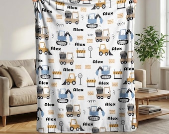 Personalized Kids Construction Blanket with Name, Soft Minky or Sherpa Baby Blanket, Cozy Custom Birthday Gift for Boys, Baby Keepsake