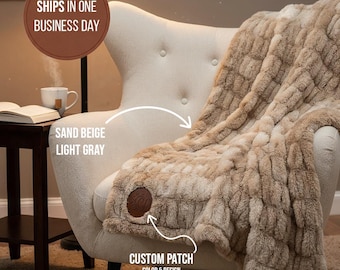 Personalized One Side Faux Rabbit Fur Blanket, Custom Engraved Patch Throw, Ultra Soft Cozy Velvet Back, Premium Christmas Gift, Custom Logo