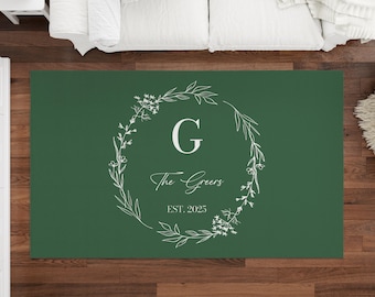 Personalized Monogram Family Name Rug, Custom Family Initial Carpet, Custom Text Floor Mat, Machine Washable Premium Chenille Rug