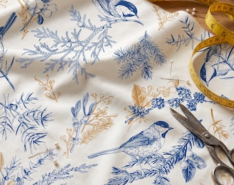 Blue and Gold Toile de Jouy Fabric by the Yard, Vintage Botanical Pine and Berry Pattern, Cute Chickadee Bird Fabric for Sewing & Quilting