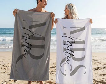 Custom Couple Towel,Personalized Mr. and Mrs. Beach Towel, His and Hers Newlywed Gift, Just Married Bride Gift, Wedding Gift, Honeymoon Gift