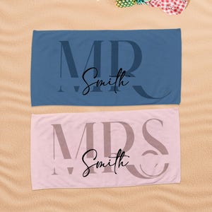 Custom Couple Towel,Personalized Mr. and Mrs. Beach Towel, His and Hers Newlywed Gift, Just Married Bride Gift, Wedding Gift, Honeymoon Gift Style 1