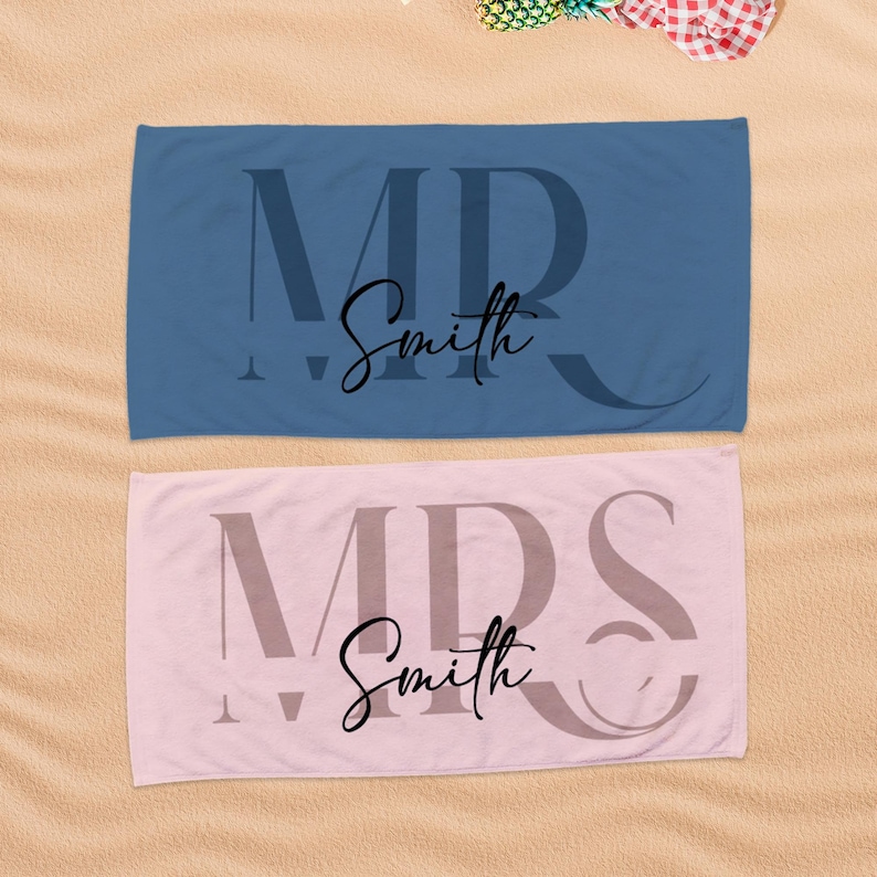 Custom Couple Towel,Personalized Mr. and Mrs. Beach Towel, His and Hers Newlywed Gift, Just Married Bride Gift, Wedding Gift, Honeymoon Gift Style 1