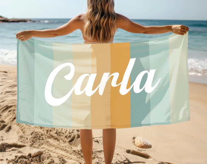 Personalized Beach Towel – Retro Rainbow, Custom Name Summer Towel