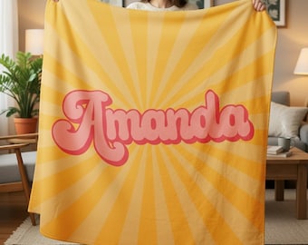 Personalized 70s Style Throw Blanket, Custom Name Vintage Gift