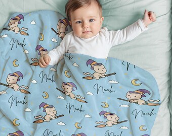 Personalized Cat Witch Blanket, Custom Name Throw, Baby Bedding