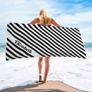 Striped Custom Beach Towel with Name, Personalized Name Bath Towel Pool Towel, Bride / Anniversary / Birthday Beach Towel, Vacation Gift