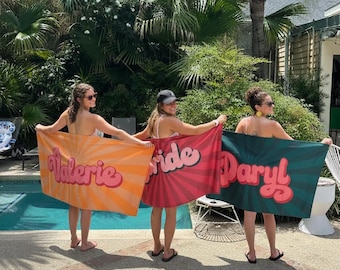 Retro 70's Style Custom Name Towel,Personalized Vintage Pool Towel,Groovy Birthday Vacation Gift, Gift for Her,Bestfriend,Bachelorette Party