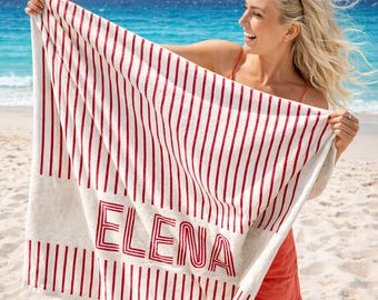 Personalized Retro Stripe Beach Towel with Name, Bridal Party Essentials, Summer Vacation, Preppy Girls Beach Towel, Swimming Club Towel