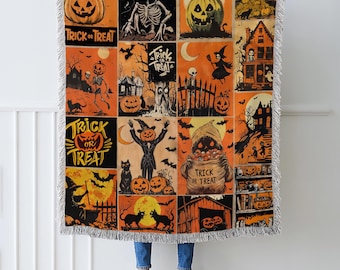 Halloween watching movie blanket, Vintage Spooky Season Halloween Woven Throw Blanket, Halloween Home Decor, Jack-o'-lantern Wall Tapestry