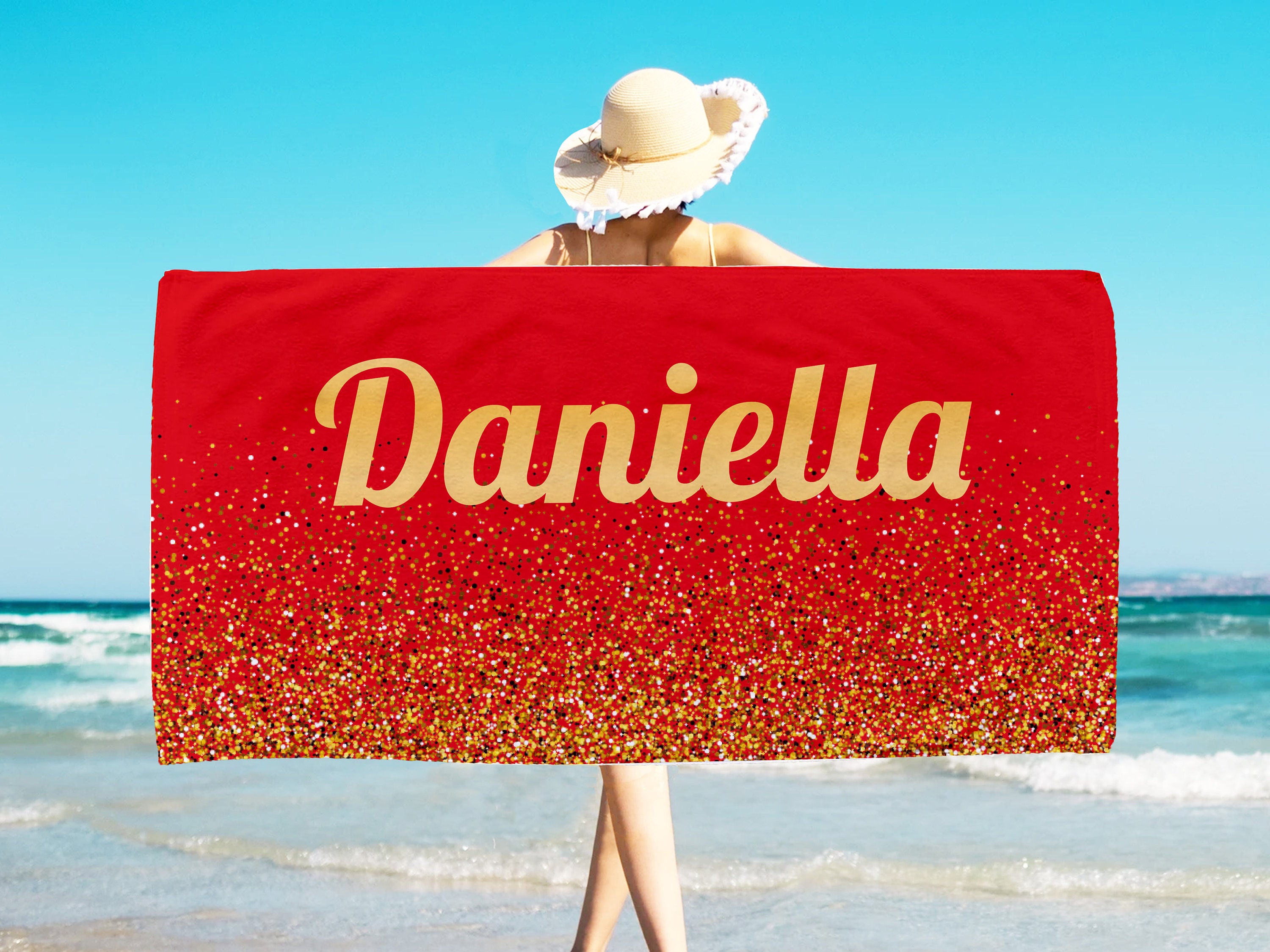 Custom Sparkling Gold Beach Towel With Name Personalized Etsy