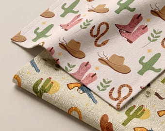 Western Cowboy Seamless Pattern Fabric, Boots Hat & Cactus, Neutral Aesthetic Fabric by Yard, Vintage Americana Fabric for Sewing