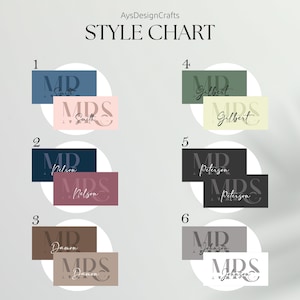 May include: A style chart by AysDesignCrafts displaying six numbered options for personalized name labels. Each option features a pair of rectangular cards with Mr and Mrs text overlays in various color combinations, including blue, pink, green, brown, and gray.