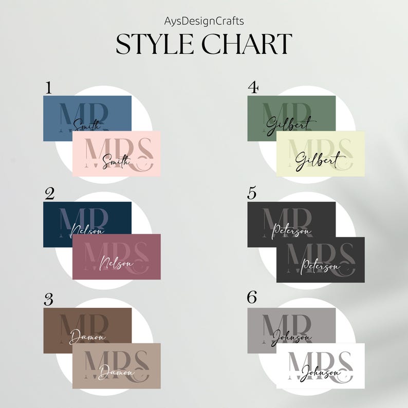 May include: A style chart by AysDesignCrafts displaying six numbered options for personalized name labels. Each option features a pair of rectangular cards with Mr and Mrs text overlays in various color combinations, including blue, pink, green, brown, and gray.