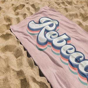 Custom Retro Beach Towel, Groovy 70's 80's Personalized Name Bath Towel Pool Towel, Bride Anniversary Birthday Beach Towel, Vacation Gift