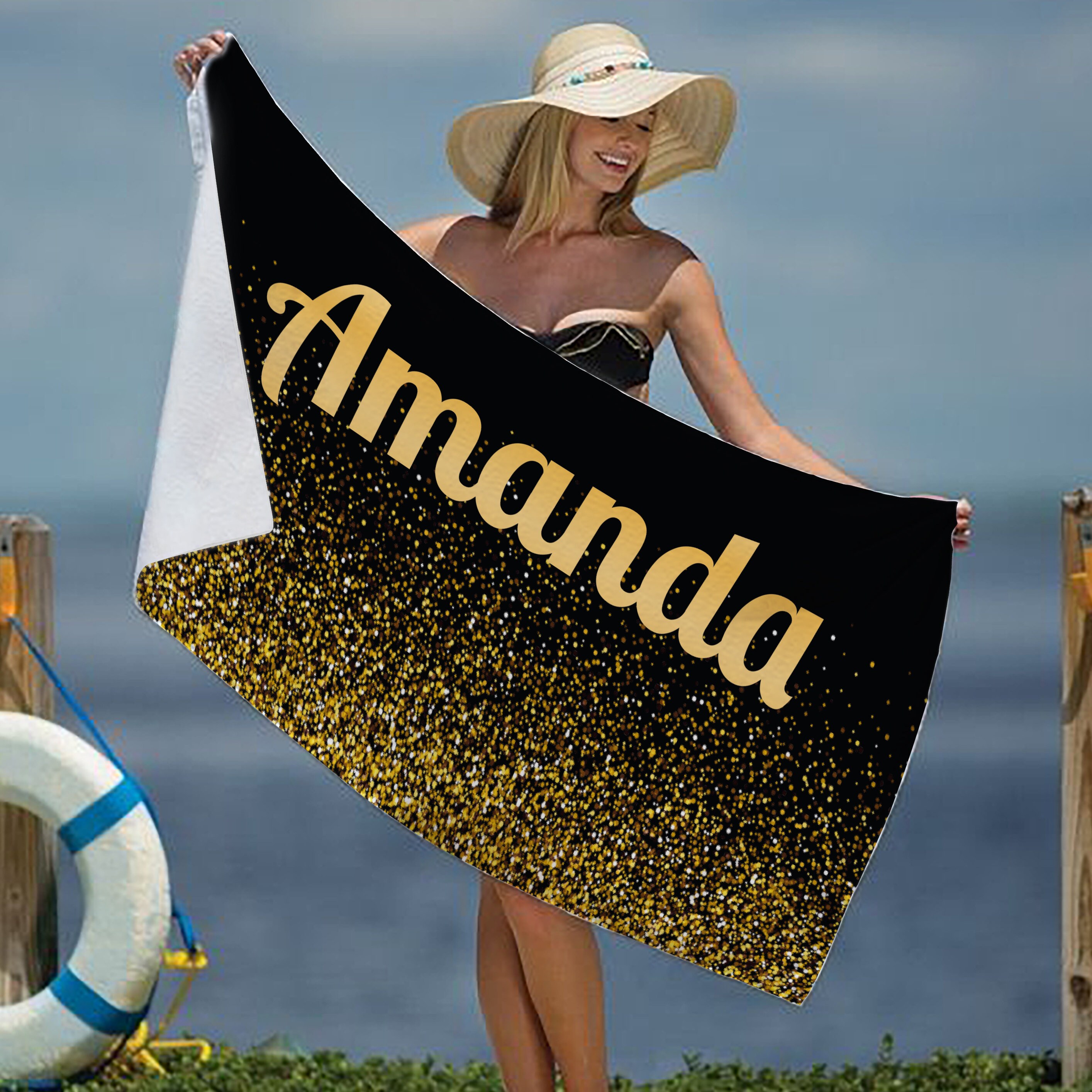 Custom Sparkling Gold Beach Towel With Name Personalized Etsy