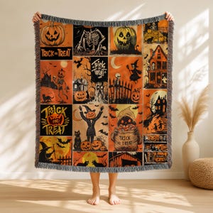 Halloween watching movie blanket, Vintage Spooky Season Halloween Woven Throw Blanket, Halloween Home Decor, Jack-o&#39;-lantern Wall Tapestry