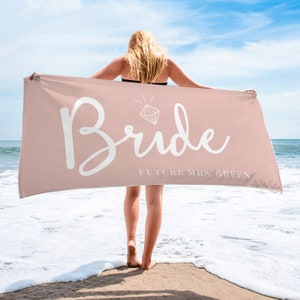 Customized Bride and Bridesmaid Beach Towel, Bridesmaid Gift, Personalized Name Wedding Gift, Bachelorette Bride Towel, Custom Vacation Gift
