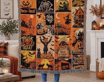 May include: A woven throw blanket featuring a grid of Halloween-themed illustrations including pumpkins, skeletons, black cats, haunted houses, and witches. The design incorporates the text Trick or Treat in various fonts across several panels.