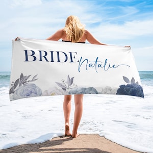 Custom Bride and Bridesmaid Beach Towel, Bridesmaid Gift, Personalized Name Wedding Gift, Bachelorette Bride Towel, Customize Vacation Gift