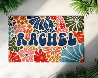 Personalized Floral Chenille Rug, Custom Name Gift