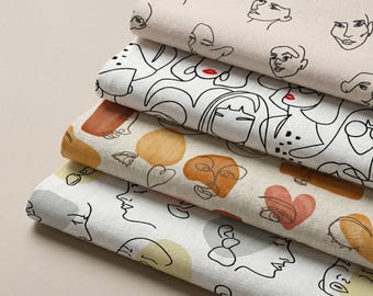 Minimal Line Art Fabric, Female Silhouette Fabric By Yard, Feminine Woman Faces, Neutral Aesthetic Fabric for Sewing & Quilting