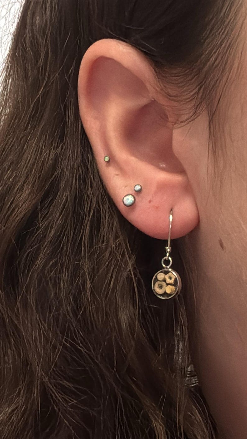 Puede incluir: Primer plano de una oreja con m&uacute;ltiples piercings. La oreja tiene tres pendientes peque&ntilde;os y redondos. Uno es un peque&ntilde;o perno verde, y los otros dos son blancos y plateados. Un pendiente de aro plateado con un colgante circular que contiene peque&ntilde;os objetos beige cuelga de la oreja.
