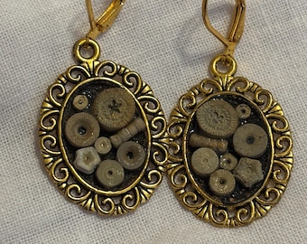 Pendientes de oro hechos a mano con fósiles de crinoideos ornamentados - Ecos de la Tierra