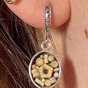 May include: A silver dangle earring with a circular pendant. The pendant is filled with small, light-colored, geometric shapes and a central star-shaped element. The earring is attached to a silver hoop.