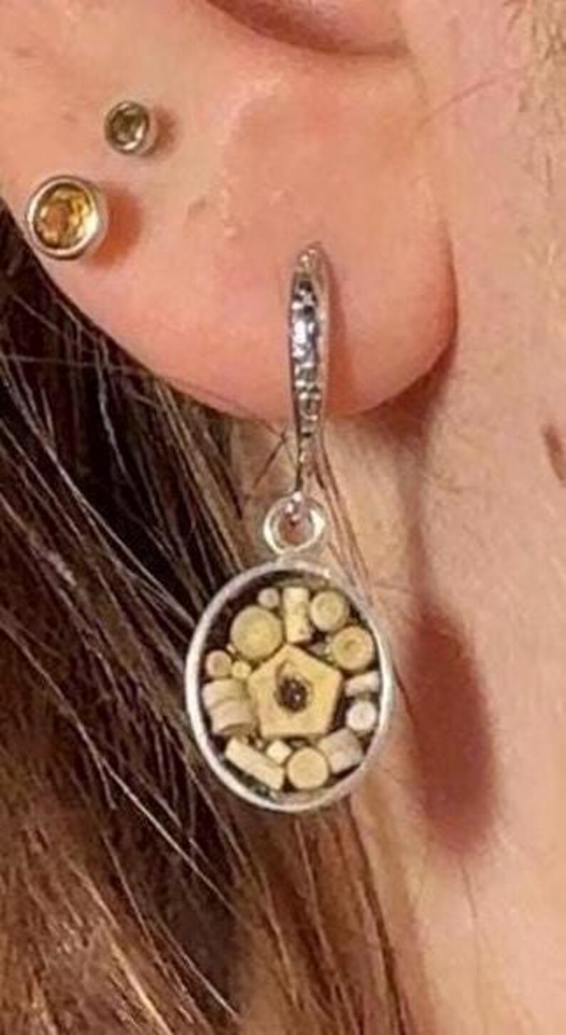 May include: A silver dangle earring with a circular pendant. The pendant is filled with small, light-colored, geometric shapes and a central star-shaped element. The earring is attached to a silver hoop.