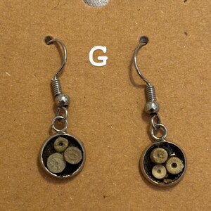 Puede incluir: Un par de pendientes colgantes con ganchos plateados y colgantes circulares. Cada colgante presenta peque&ntilde;os objetos circulares de color claro sobre un fondo oscuro. Los pendientes se exhiben en una tarjeta marr&oacute;n.