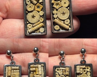 Pendientes rectangulares hechos a mano de acero inoxidable con fósiles de crinoideos - Ecos de la Tierra