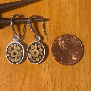 May include: A pair of silver oval dangle earrings with a mosaic design, next to a US penny. The earrings have a silver frame and a mosaic of small, light-colored pieces. The penny shows the profile of a person and the year 2022.