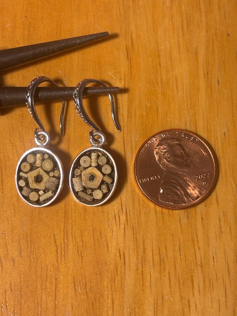 May include: A pair of silver oval dangle earrings with a mosaic design, next to a US penny. The earrings have a silver frame and a mosaic of small, light-colored pieces. The penny shows the profile of a person and the year 2022.