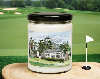 Vela perfumada Antebellum Clubhouse / Arte de golf original / Decoración de oficina en casa / Nueve opciones de aromas / Velas de soja de 9 oz / Regalos de golf para ella