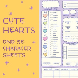 Cute Hearts Dnd 5e Character sheets / A4 Size PDF Digital printable file