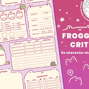 Puede incluir: Una hoja de personaje de Dungeons & Dragons imprimible con temática de rana. La hoja es rosa y morada con una ilustración de rana y el texto "FROGGIE CRIT 5e character sheets".