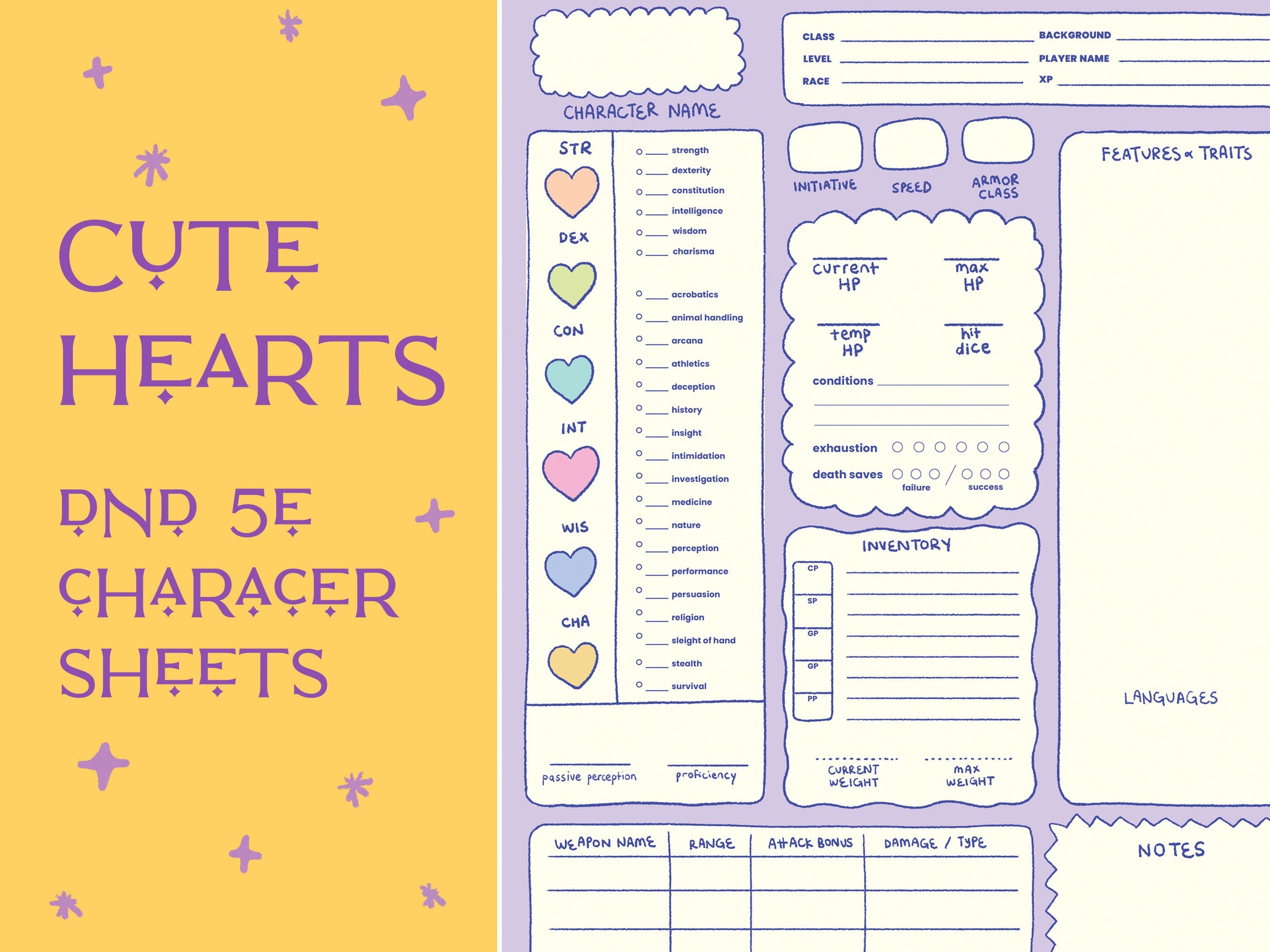 Cute Hearts Dnd 5e Character sheets / A4 Size PDF Digital printable file