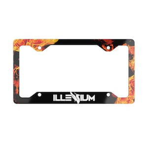 May include: Black license plate frame with a fiery orange and yellow design. The frame has the word "ILLENIUM" in white text with a white bird logo.