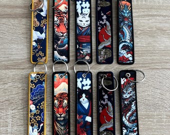 Asian Oriental Keychain Key Tag / Embroidered Keychain Crane Cat Dragon Japanese - Key Strap for him and her, Kawaii Gift, Bag Accessory