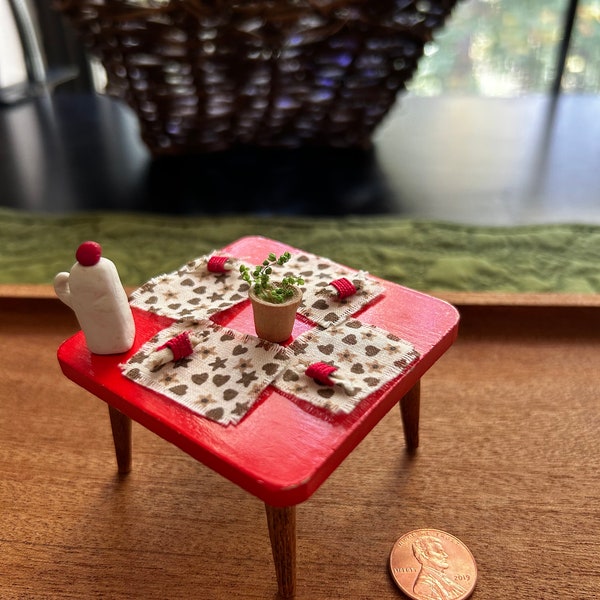 Vintage 1970s Dollhouse Miniature Wood Kitchen Table w/ Placemats, Napkins, Plant & Handmade Milk Jug. READ FULL Description CAREFULLY!