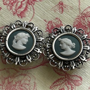 Vintage Wedgwood Rare Teal Jasperware Silver clip-on Cameo Earrings