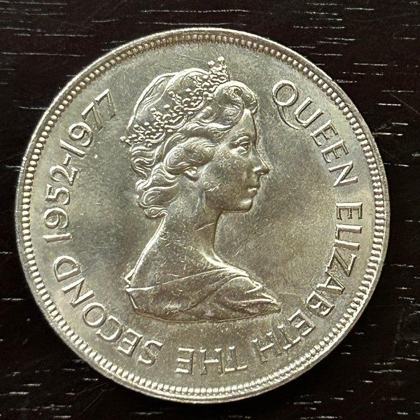 Vintage UK 25 pence, 1977 Bailiwick of Jersey, Channel Islands, Silver Jubilee, Queen Elizabeth II Commemorative coin