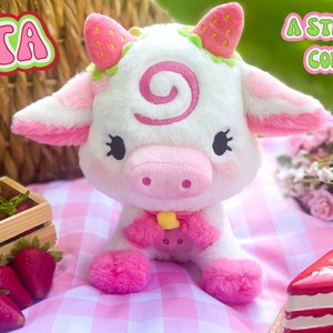 Fresita the Strawberry Cow Plush, Cute Plushie, Gift for Her, Gift for Kids, Stuffed Animal, Kawaii Plushie, Kids Toy, Pink, Coquette